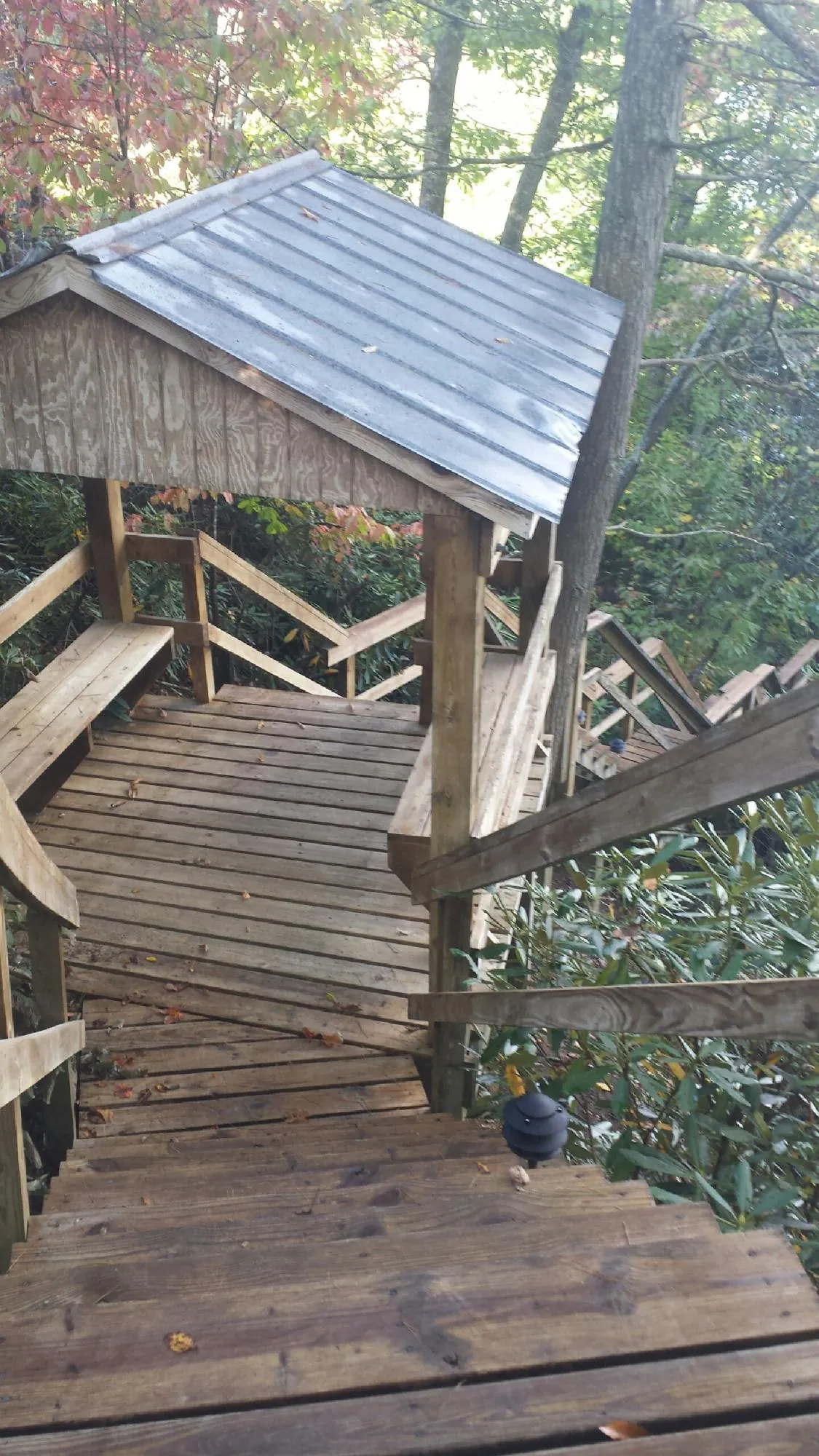 Metal roofed shelter over wooden steps on a wooded walkway — Skylight Repair & Installation work by our crew in Bryn Mawr